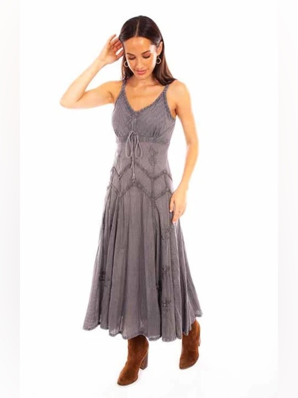 Together Gray Sleeveless Maxi Dress with V-Neck and Waist Tie